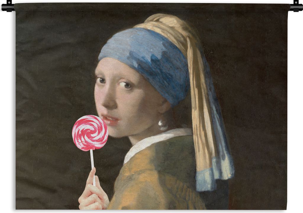 MuchoWow Wandteppich Wandbehang Das Mädchen mit dem Perlenohrring - Vermeer - Süßigkeiten 90x67.5 cm Tapisserie Dekoration Wandtuch - Fototepp...
