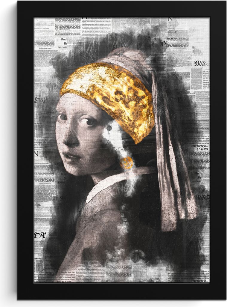 MuchoWow MuchoWow Gerahmtes Poster Mädchen mit Perlenohrring - Johannes Vermeer - Zeitungsartikel - Gold 20x30 cm - Poster mit zchwarzem Bilde...