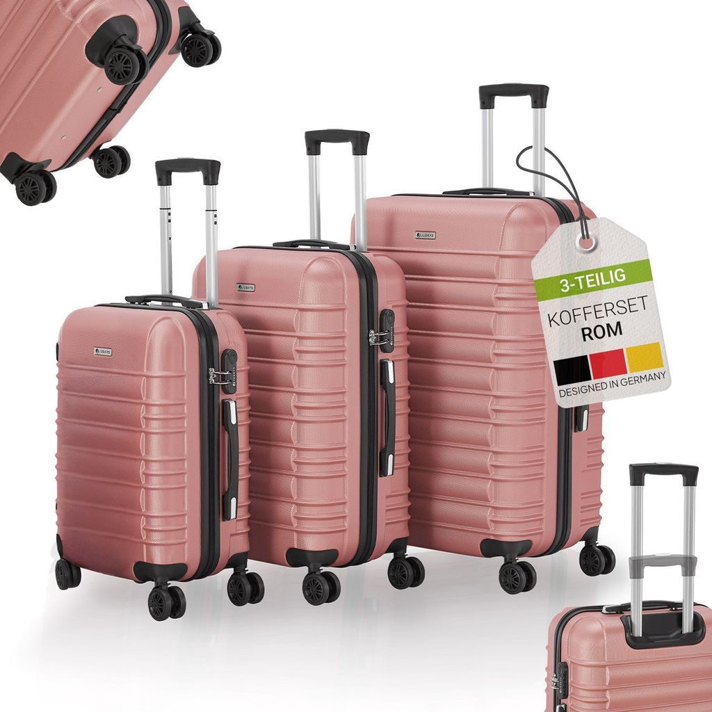 Juskys Hartschale Kofferset Reisekoffer 3 teilig - Zahlenschloss, geräuscharme 360° Rollen groß, Teleskopgriff, leicht - Koffer in Rosa