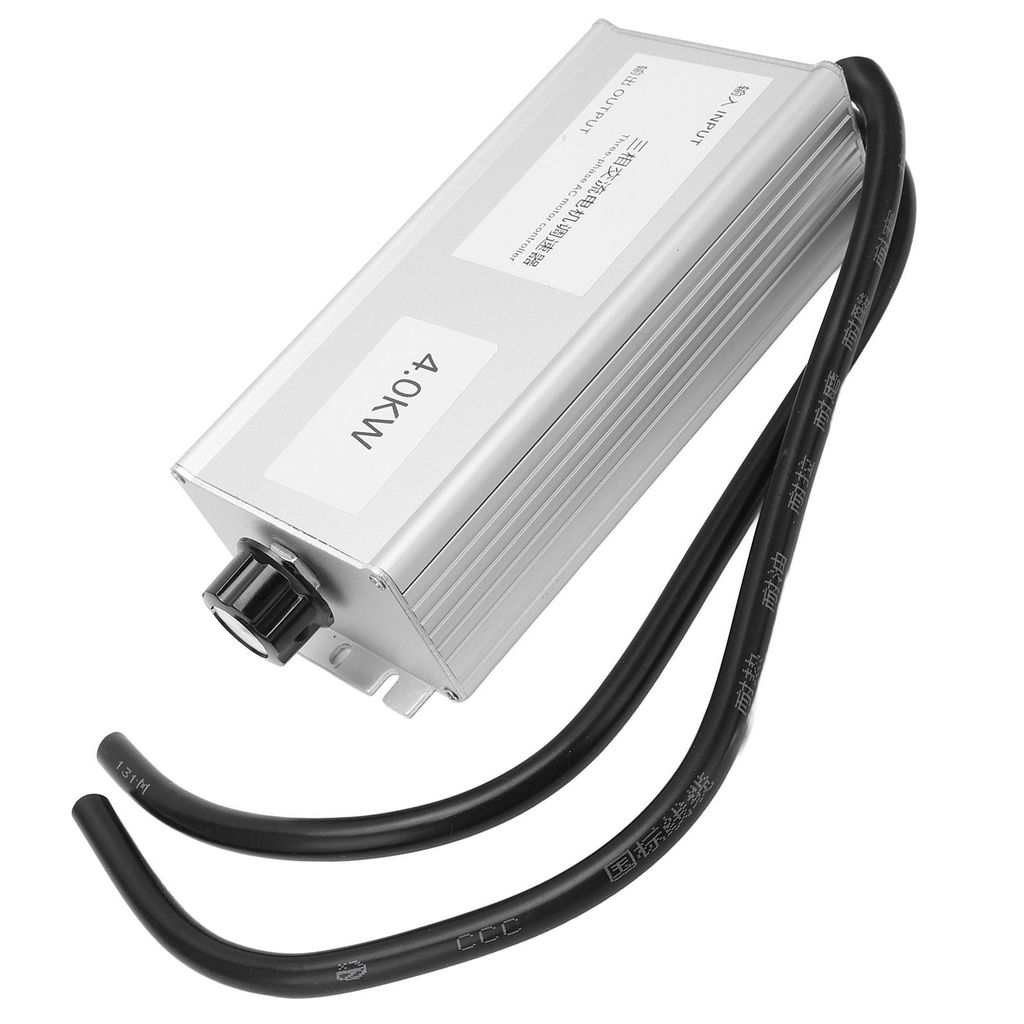 A silver AC motor controller with black cables and a black dial is shown against a white background.