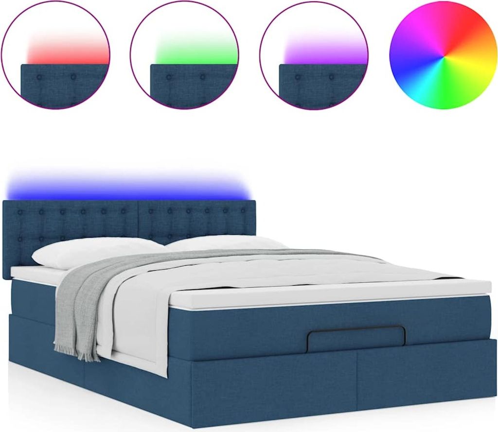 Ottoman-Bett mit Matratze & LEDs Blau 140x200 cm Stoff