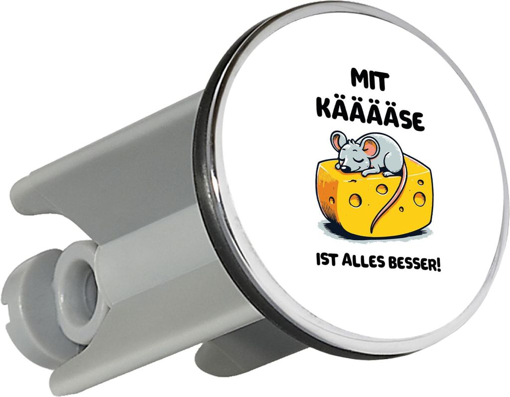 Huuraa Waschbeckenstöpsel Mit Käse ist alles besser Maus 4cm höhenverstellbar Abflussstopfen Geschenkidee