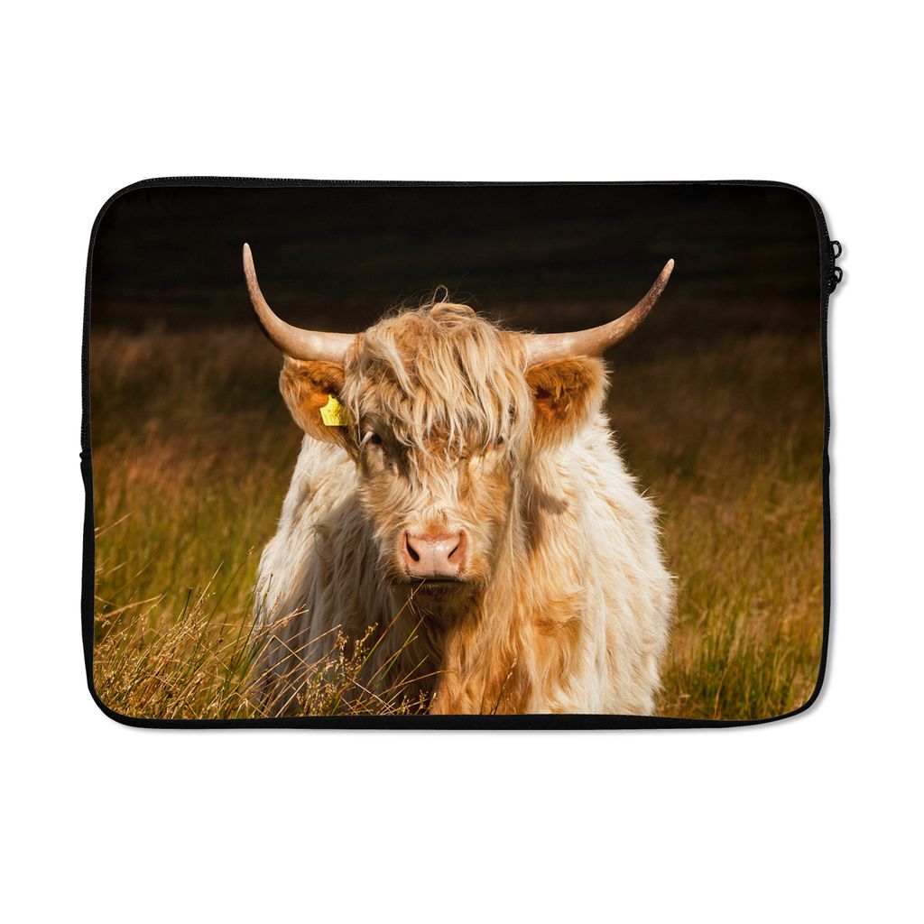 MuchoWow Laptop Hülle 13 Zoll Schottische Highlander - Licht - Gras - Tiere Laptoptasche - Laptophülle - Sleeve - Rundumschutz