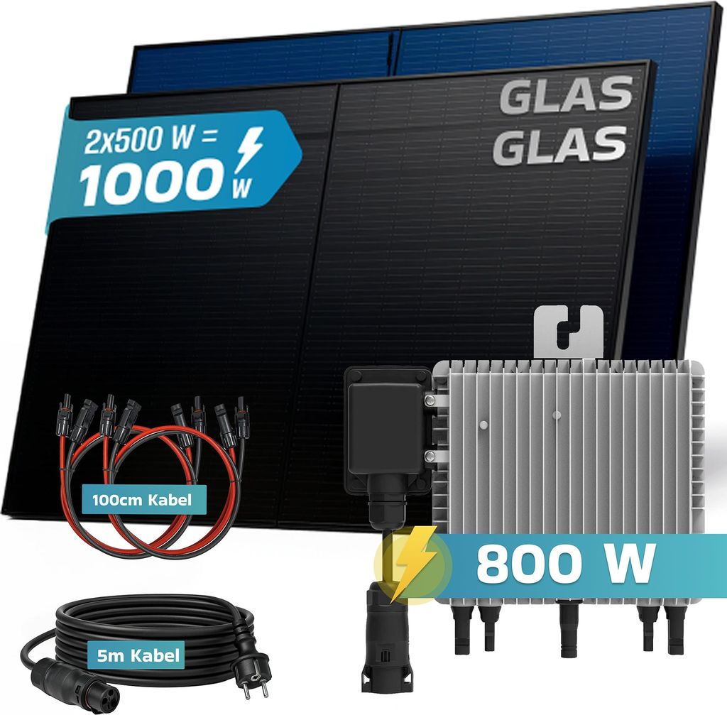 SUNNIVA 1000W Balkonkraftwerk BIFAZIAL FULLBLACK komplett Steckdose DEYE 800W Wechselrichter, PV Solaranlage, 5m Kabel, Bluetooth WIFI