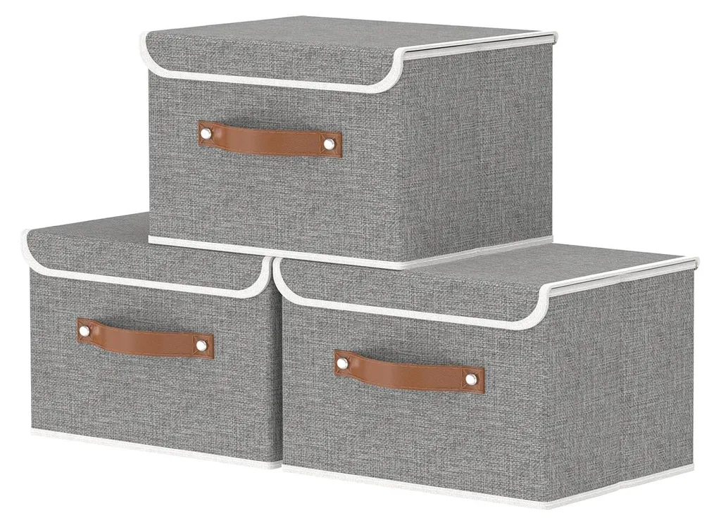 Lot 3 organiseurs de placard pliables et paniers avec couvercles gris