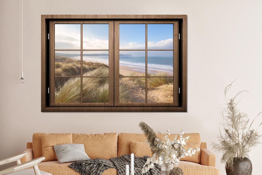 MuchoWow Wanddekoration Metall Metallbild Wandkunst 150x100 cm Durchblick - Strand - Holz MuchoWow Aluminium Gemälde - Alu Dibond Bild