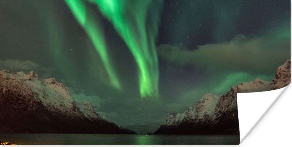MuchoWow Poster Nordlichter - Grün - Fjord 160x80 cm - Foto Poster
