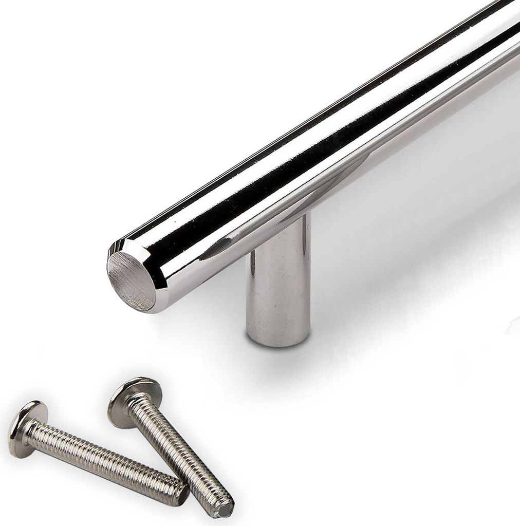 A polished chrome cabinet handle and two screws on a white background.