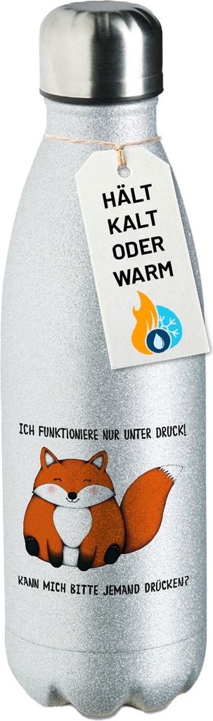 Huuraa Trinkflasche Drück mich Fuchs 500ml Silver Edelstahl Wasserflasche Trinkflasche Geschenkidee