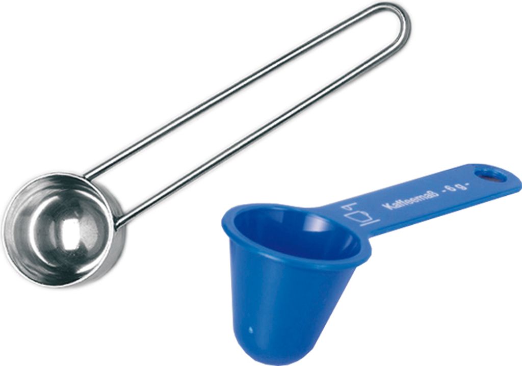 Two scoops for measuring, one is silver metal and the other is blue plastic.