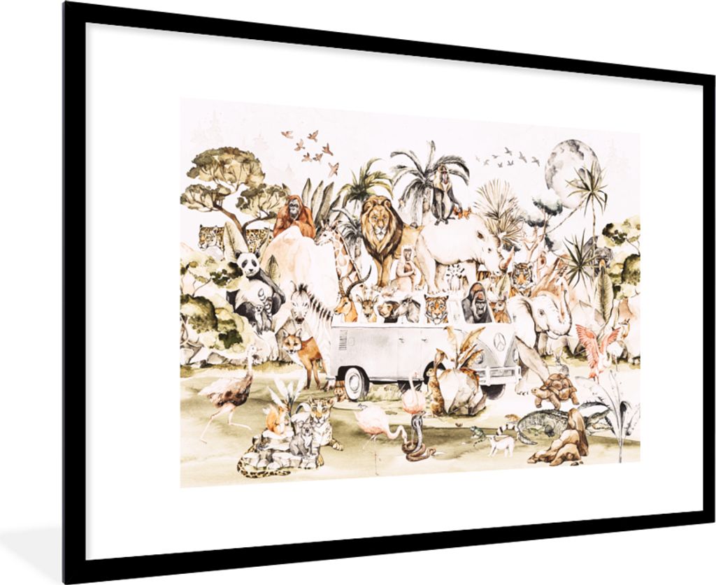 MuchoWow Gerahmtes Poster Bus - Tiere - Kinder - Jungen - Mädchen - Palme 90x60 cm - Poster mit Schwarzem Bilderrahmen Wandposter Rahmen Foto Bi...