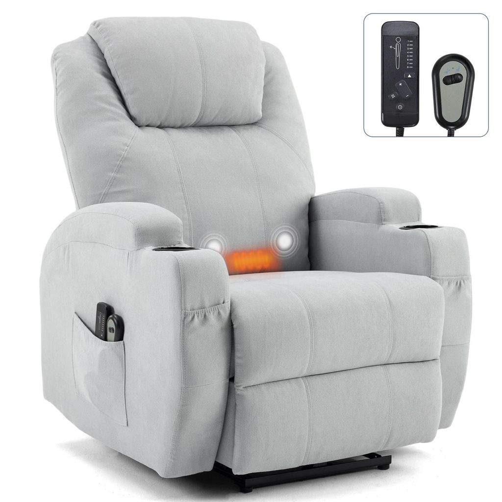 A light gray electric massage chair with heating and vibration functions, shown from the front.