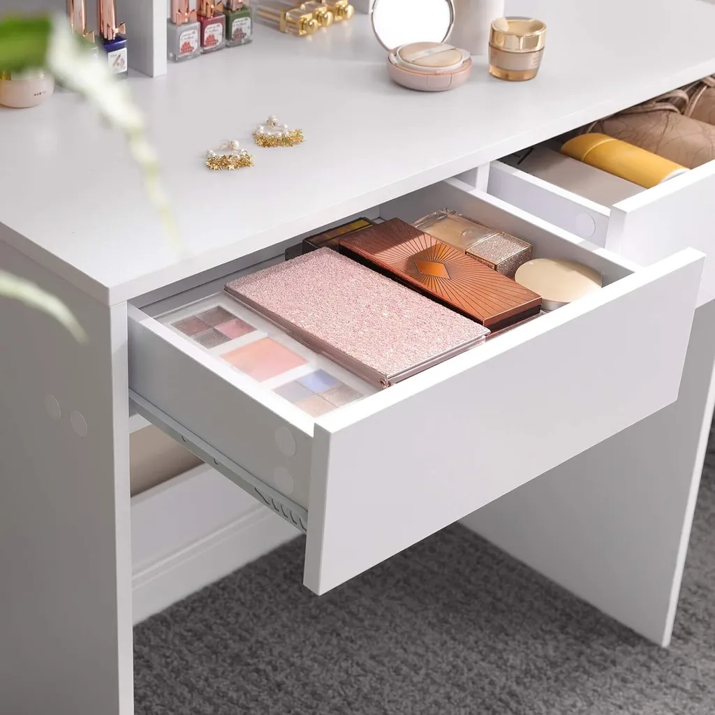 VASAGLE Coiffeuse avec Miroir Rabattable et 2 Tiroirs Blanche RDT121W - 8