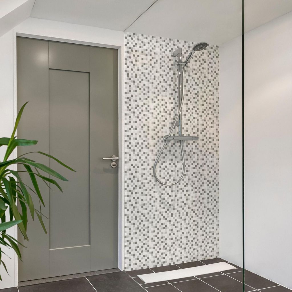 Duschrückwand mit Motiv selbstklebend - 0.61 mm Wandpaneel wasserfest Design weiss Fliesenoptik Illustration Badrückwand fugenlos Premium matt 11...