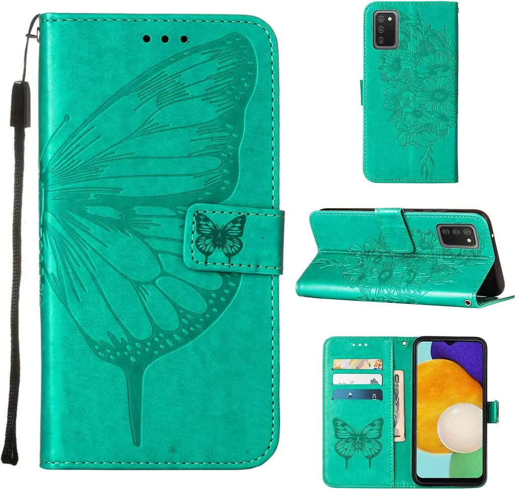 Galaxy A03S Case, Butterfly Relief Flip Custodia in pelle con slot per schede e stand per Samsung Galaxy A03S verde