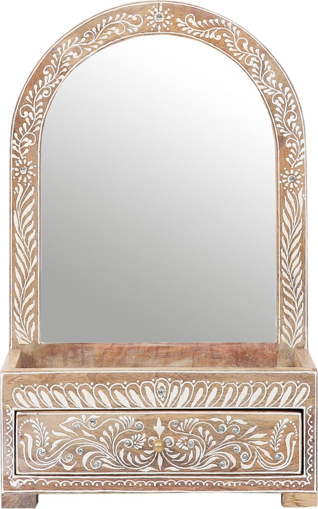 Marrakesch Schminkspiegel mit Schublade für den Schminktisch aus Holz 39cm | Vintage Standspiegel klein Akhila | Orientalische Make Up Spiegel Kos...
