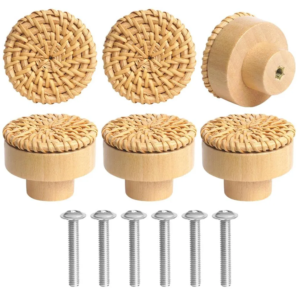 Poignées vintage pour tiroir et armoire - Lot de 6 boutons bois/rotin