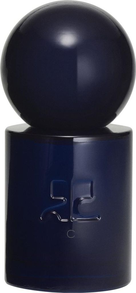 A dark blue perfume bottle with a spherical cap.