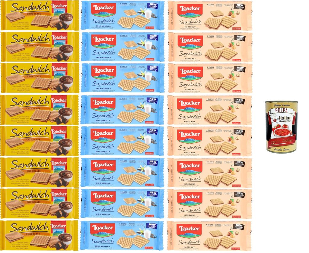 Loacker Testpaket - Schokoladen-, Haselnuss-, Milch-Vanille-Sandwich - Waffelkekse umhüllt von 2 knusprigen Kakaowaffeln 24x75gr+Italian Gourmet P...