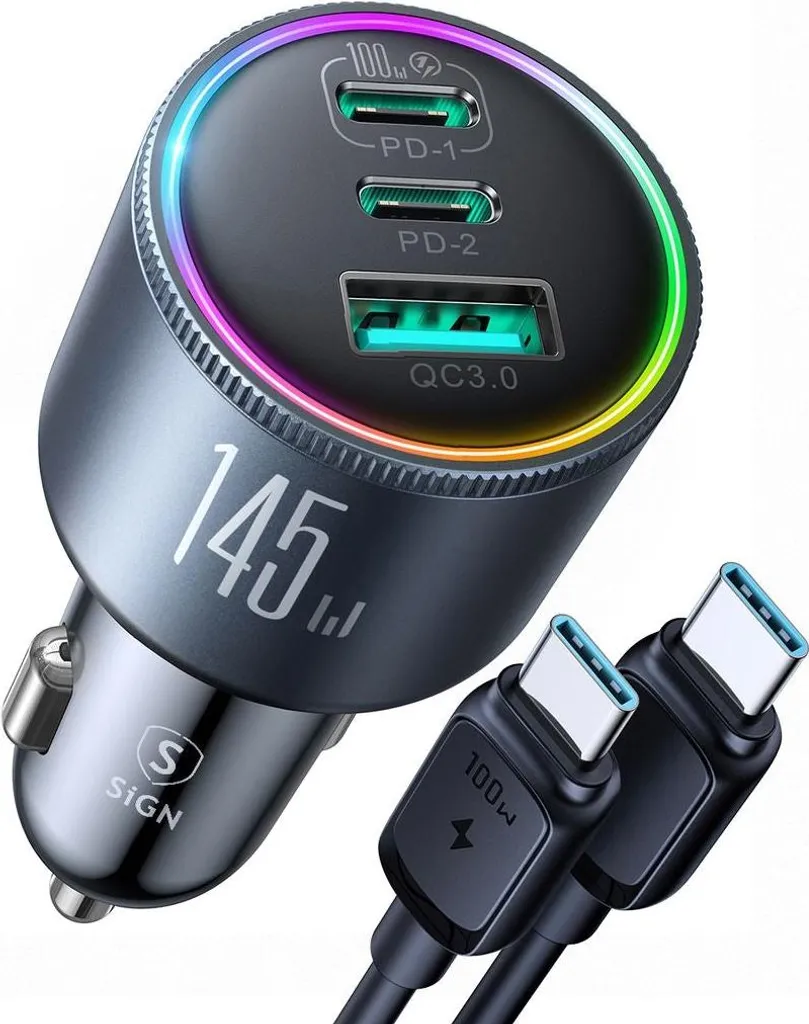 Chargeur voiture rapide 145W Power Delivery pour PC portable