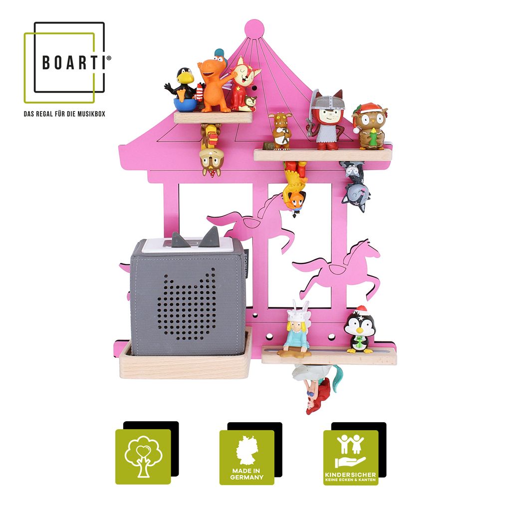 BOARTI Kinderregal Karussell | hängend für Toniebox und Tonie Figuren | platzsparendes Regal | H. 41 x B. 35 x T. 19 cm | Wandregal Musikbox und ...