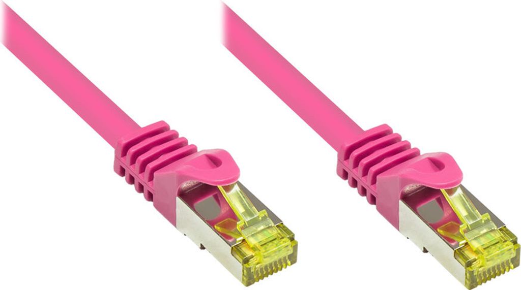 RJ45 Patchkabel mit Cat. 7 Rohkabel und Rastnasenschutz (RNS ), S/FTP, PiMF, 500MHz, magenta, 10m, Good Connections