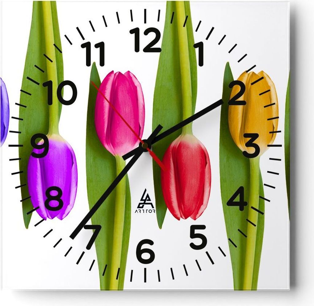 Wanduhr - Quadrat - Glasuhr - Tulpe Blume Garten Komposition - 30x30cm - Schleichendes Uhrwerk - Lautlos - zum Aufhängen bereit - Dekoration Moder...