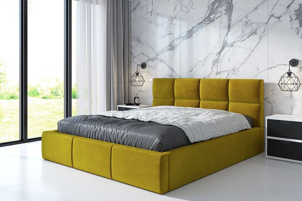 Polsterbett RADI 180x200 mit Matratze und Bettkasten. Farbe: Gold.