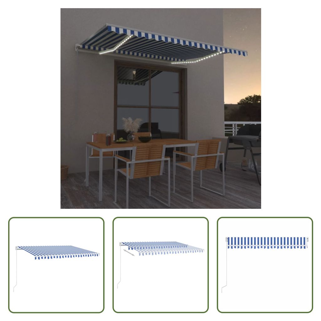 The Living Store Markise Manuell Einziehbar mit LED 450x350 cm Blau und Weiß
