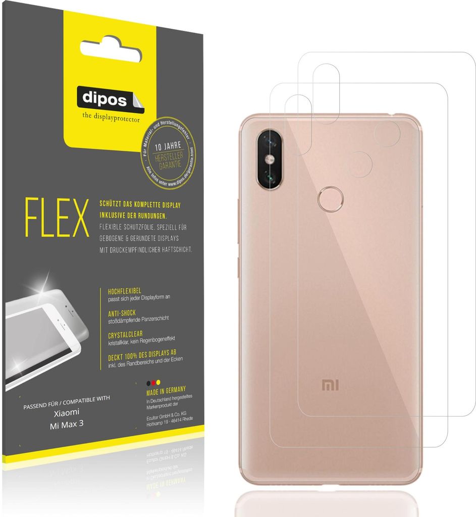 2x Schutzfolie für Xiaomi Mi Max 3 Rückseite Folie, 100% Displayabdeckung, dipos Flex