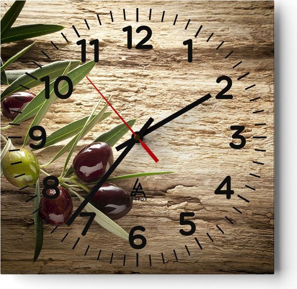 Wanduhr - Quadrat - Glasuhr - Oliv italien aroma diät - 30x30cm - Schleichendes Uhrwerk - Lautlos - zum Aufhängen bereit - Dekoration Modern - Wa...