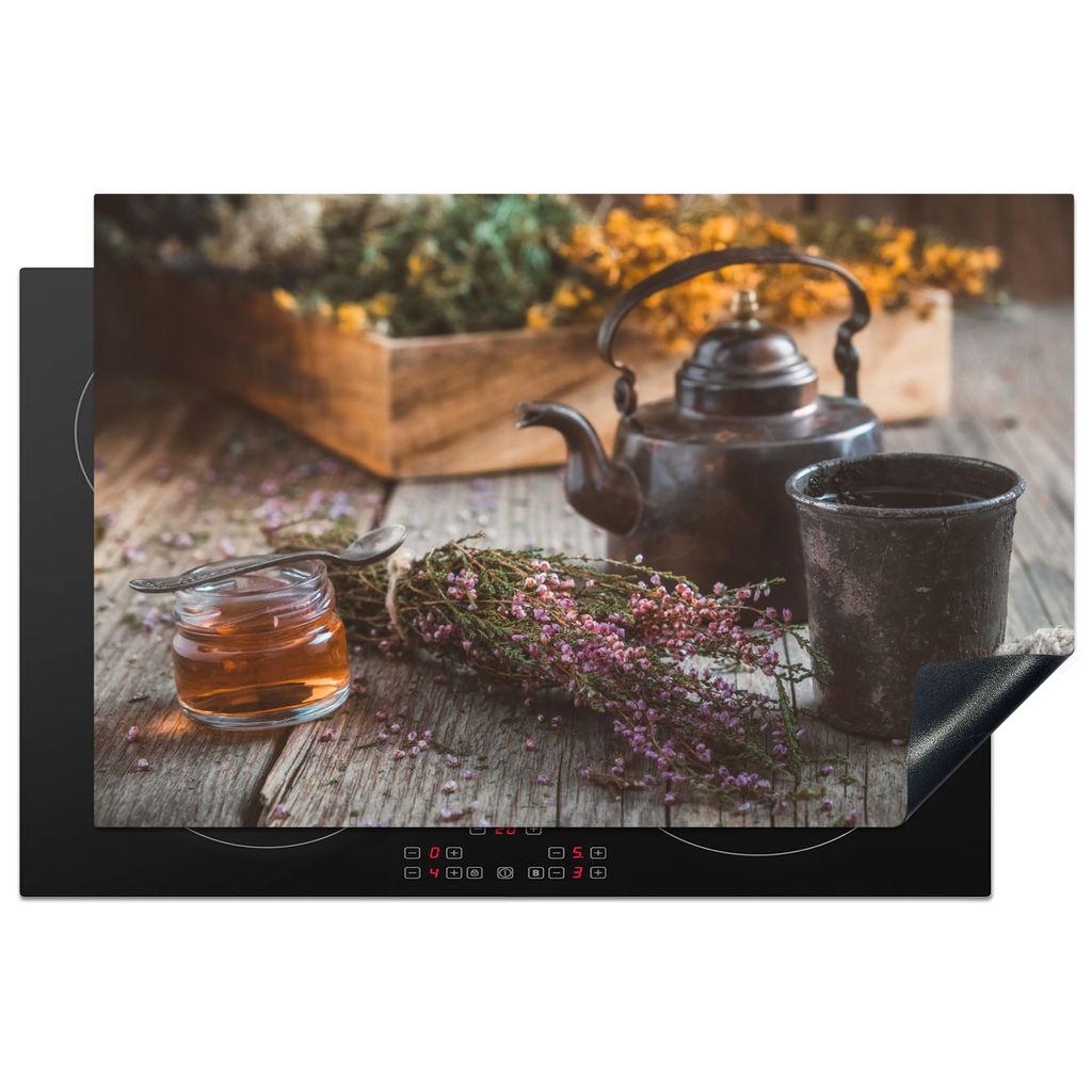 KitchenYeah Herdabdeckplatte Tee - Teekanne - Kräuter , 81x52cm, Küche Deko, Glaskeramikkochfeld Herdabdeckung, Abdeckplatte fùr Kochfeld