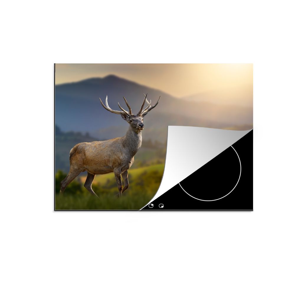 KitchenYeah Herdabdeckplatte Hirsche - Berg - Gras - Sonnenuntergang - Tiere - Natur , 71x52cm, Küche Deko, Glaskeramikkochfeld Herdabdeckung, A...