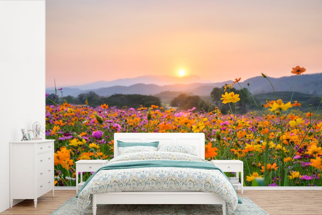 MuchoWow Fototapete für Wohnzimmer oder Schlafzimmer Wandtapete Vinyl Motivtapete Blumen - Sonnenuntergang - Berg - 360x240 cm - Vinyl-Tapete