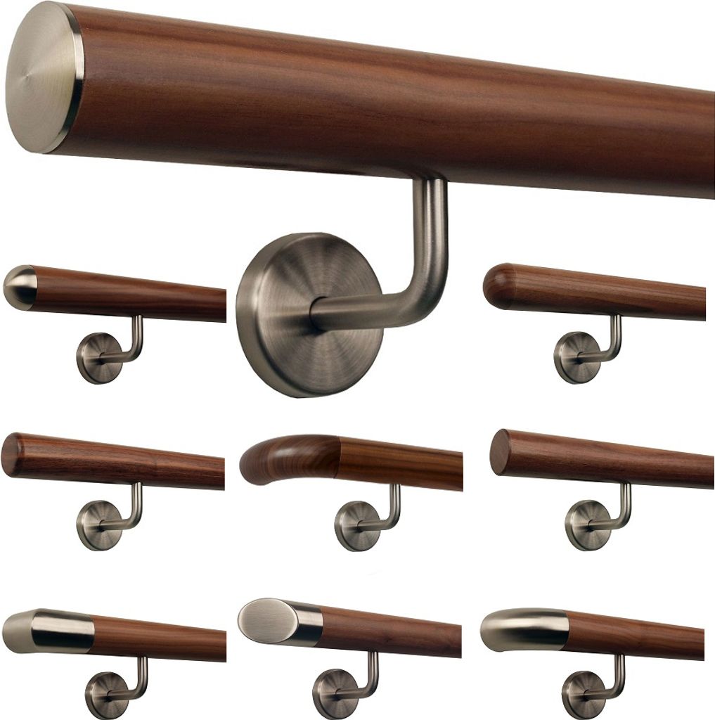 TIBU Ami Nussbaum Geländer Handlauf 30-500 cm Wandhandlauf, Variante:430 cm mit 5 Halter leicht gewölbte Edelstahlkappe