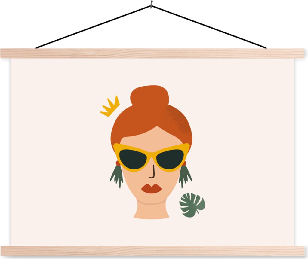 MuchoWow Textilposter Frau - Monstera - Krone - Porträt 60x40 cm mit holzfarbenen Rahmen - Bilder