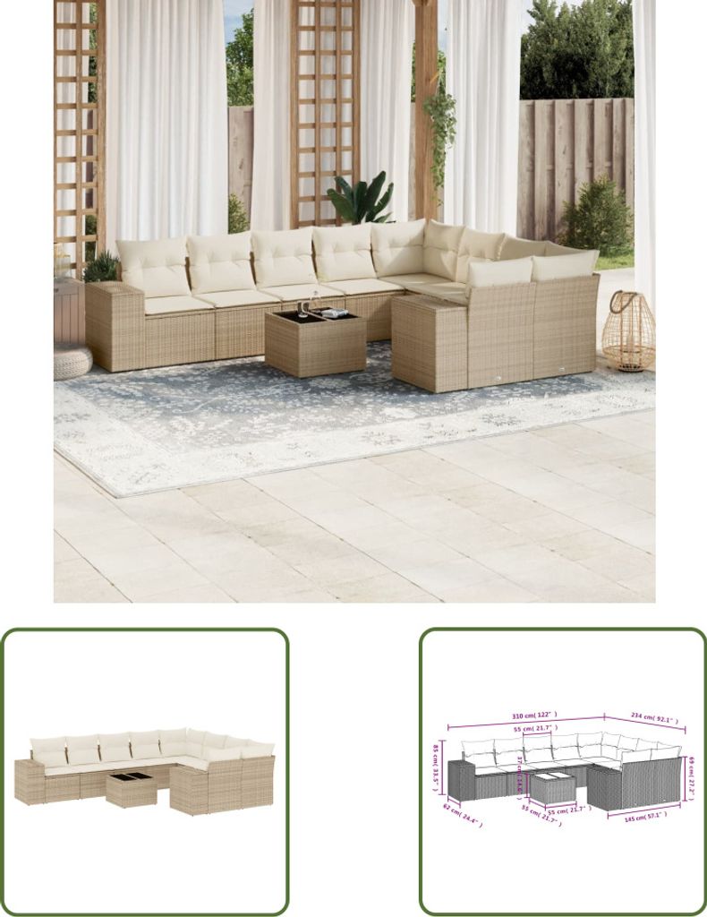 The Living Store 10-tlg. Garten-Sofagarnitur mit Kissen Beige Poly Rattan