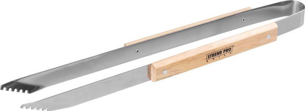 A pair of stainless steel grill tongs with a wooden handle, shown against a white background.