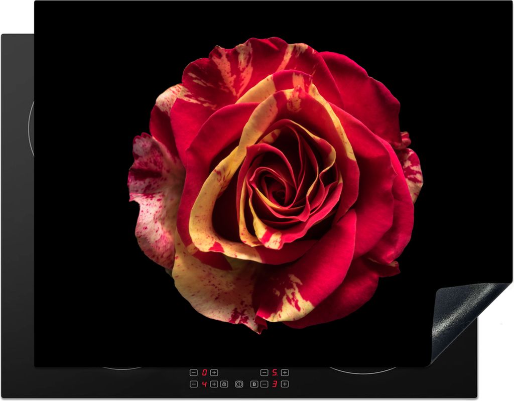 KitchenYeah Herdabdeckplatte Blume - Rose - Rot - Schwarz , 77x59cm, Küche Deko, Glaskeramikkochfeld Herdabdeckung, Abdeckplatte fùr Kochfeld