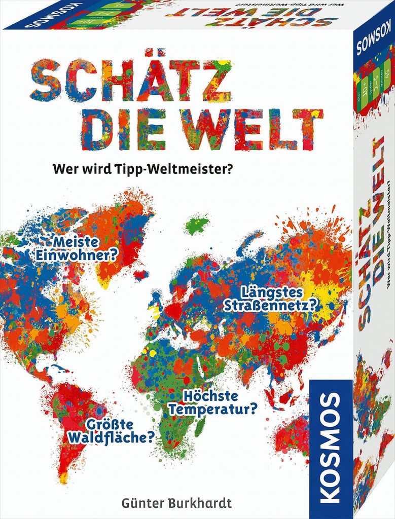 The image shows the front and side of a board game box with a colorful world map illustration.
