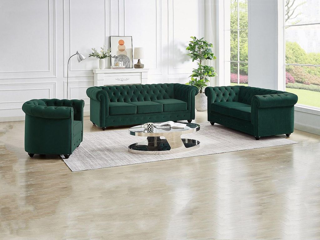 3-Sitzer Sofa, 2-Sitzer Sofa und Sessel aus grünem Velours - CHESTERFIELD