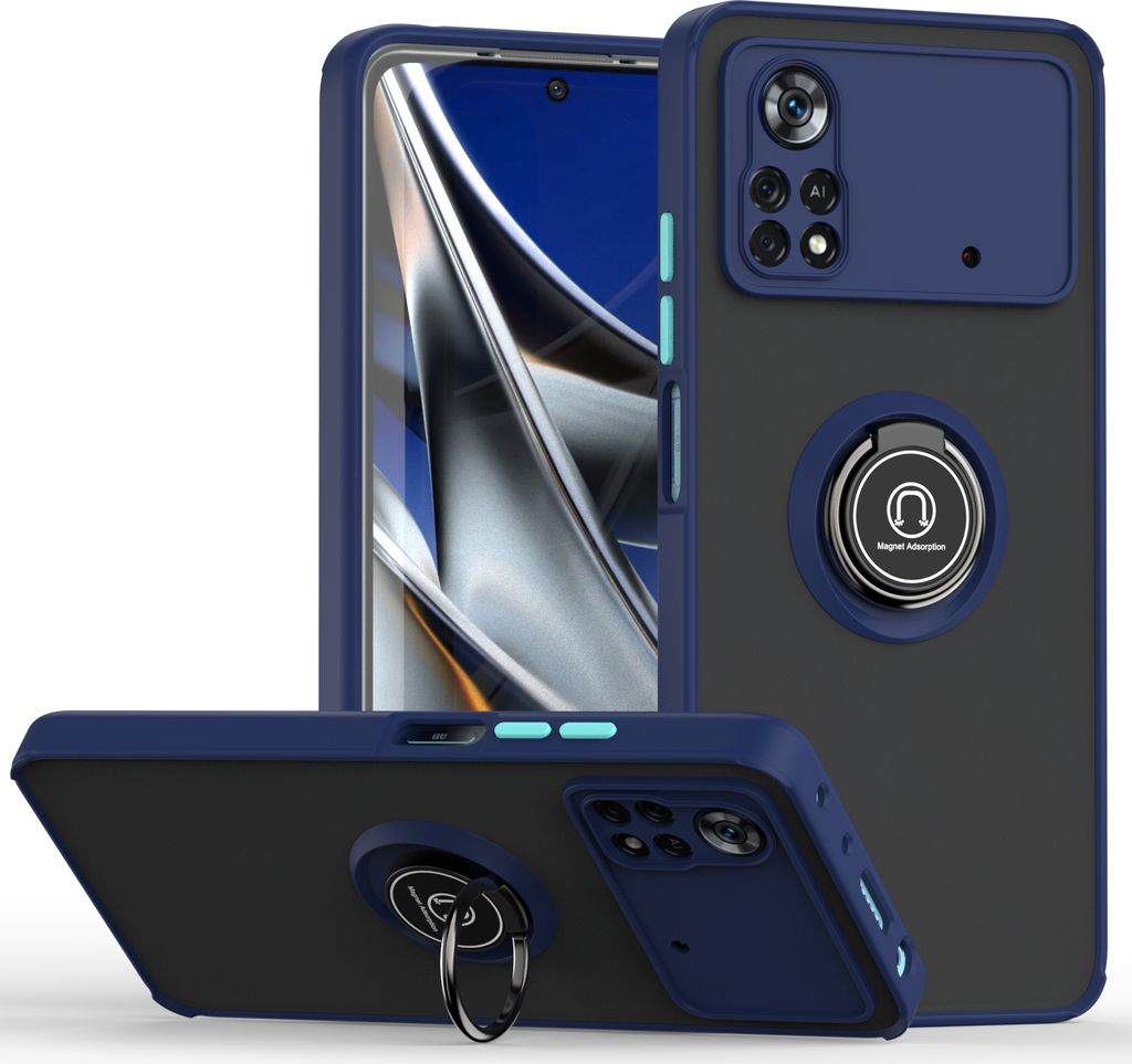 Xiaomi Poco X4 Pro 5G Hülle, Ring Halter Ständer Matte Transluzent TPU Rahmen Stoßfest Schutzhülle für Xiaomi Poco X4 Pro 5G Blau