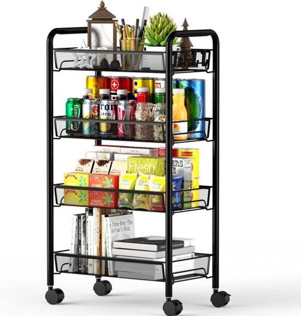 4-stöckiger Drahtgitter-Rollwagen, Küchenaufbewahrungswagen, Servierwagen aus Vollmetall mit Körben, Rädern und 4 seitlichen Haken