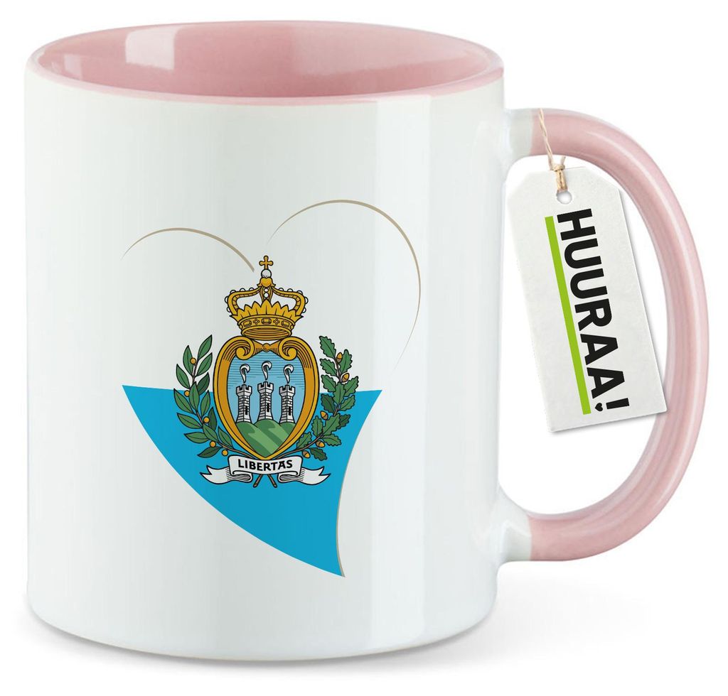 Huuraa Kaffeetasse San Marino Flagge Herz 330ml Rosa Keramik Kaffeebecher Geschenkidee