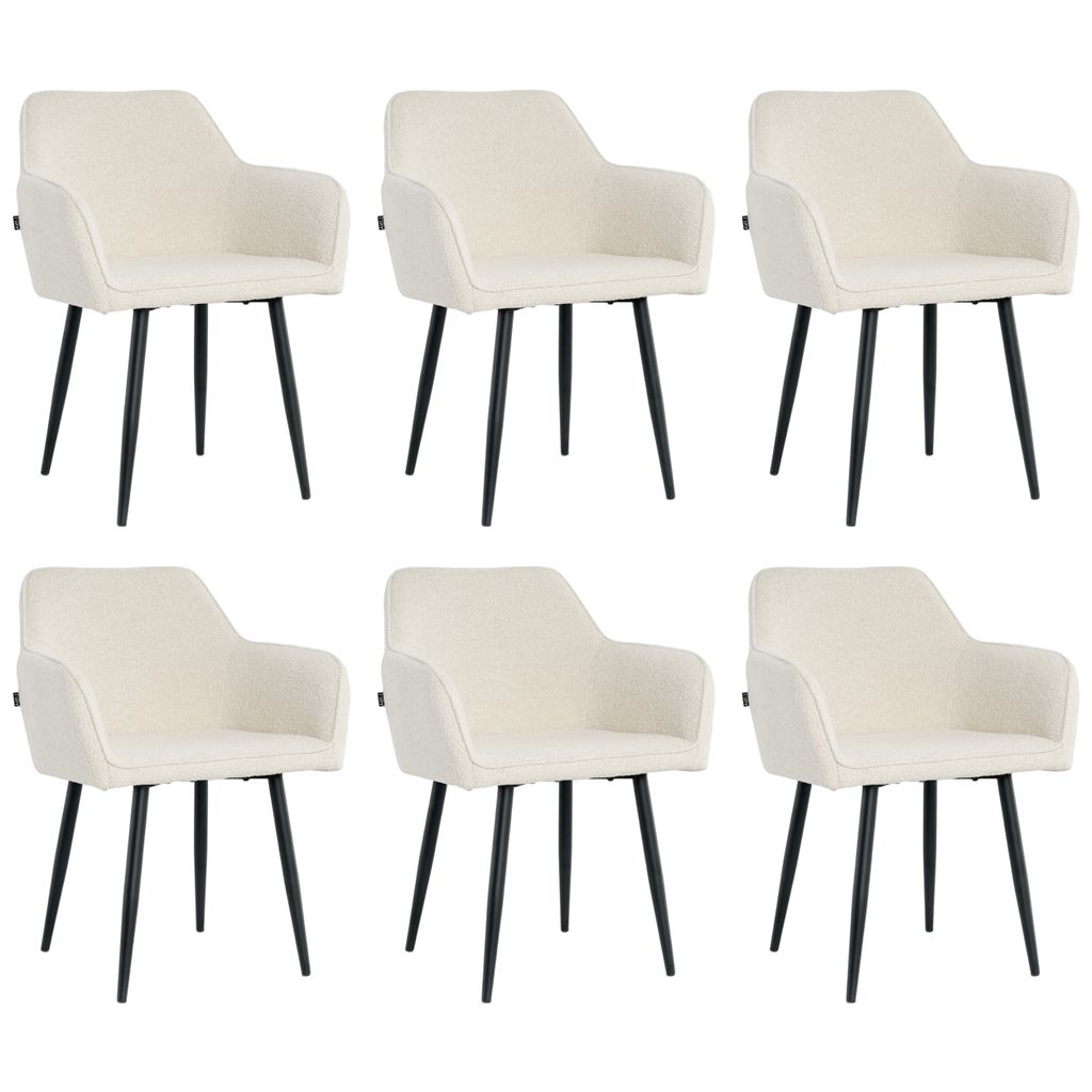 Lina Diamond Esszimmerstühle 6er Set Bouclé Creme mit Armlehnen – Stilvoll für Esszimmer, Büro und Küche mit schwarzen Metallbeinen