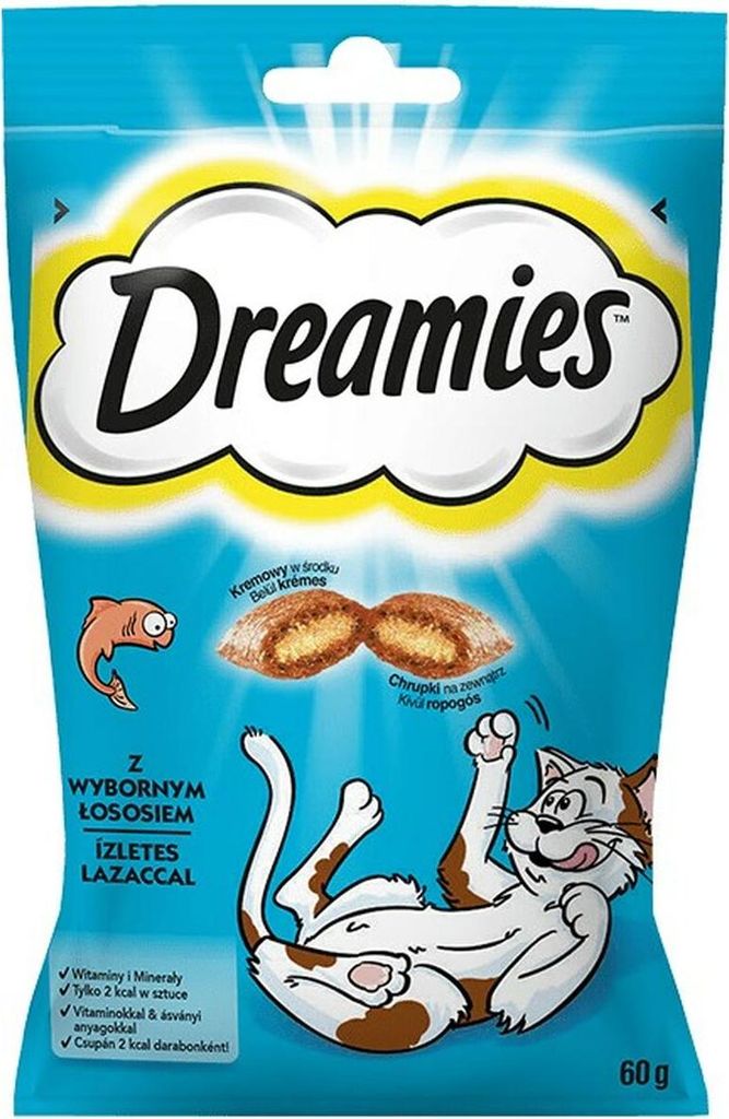 A bag of Dreamies cat treats with salmon flavor.
