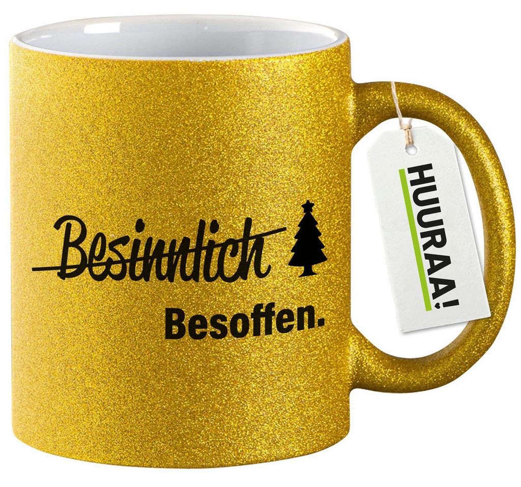 Huuraa Glitzertasse Besinnlich Besoffen Tannenbaum 330ml Gold Keramik Kaffeebecher Geschenkidee
