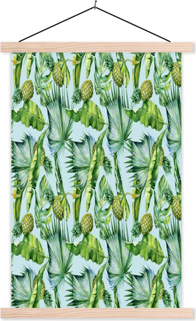 MuchoWow Textilposter Vintage - Blätter - Ananas 120x180 cm mit holzfarbenen Rahmen - Textil-Plakat
