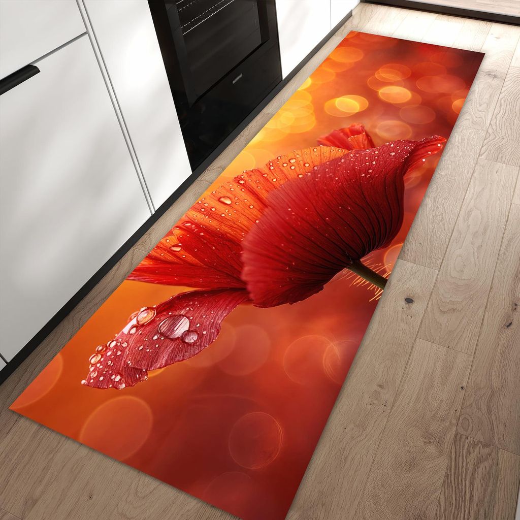 Küchenteppich 80x250cm rutschfest & abwischbar PVC Läufer - Roter Blütentropfen
