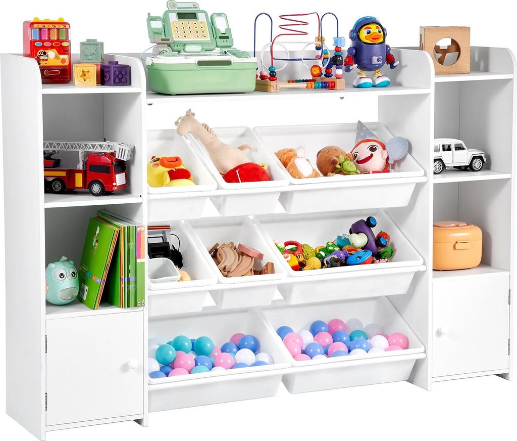 Spielzeugaufbewahrung mit Boxen - Bücherregal & Spielzeugregal - Vierstufig - Acht Flexible Kunststoffboxen - Für Kinderzimmer/Klassenzimmer - Fr...